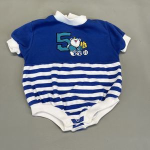 Color Track A Doe Spun Company Blue Romper Baseball Bear 5 Vintage 3 / 6 Months